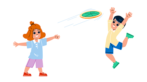 frisbee kid vector. park game, boy family, grass camp, throw outside, children day frisbee kid character. people flat cartoon illustration