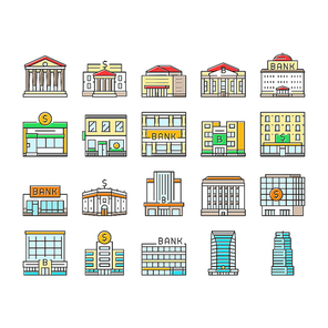 bank building money business icons set vector. finance city, government office, cityscape financial, house tax, investment economy bank building money business color line illustrations