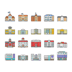 building school exterior modern icons set vector. facade kid, public high, campus brick, student education, college, outside building school exterior modern color line illustrations