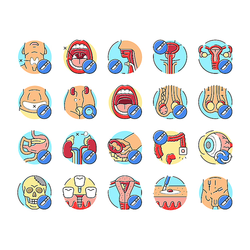 surgery health medical skin icons set vector. beauty surgical, disease treatment, pharmacy breast, face cosmetic, surgeon, stroke surgery health medical skin color line illustrations