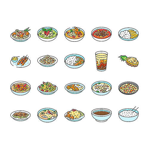 thai cuisine food asia icons set vector. curry table, various thailand, menu rice, plate delicious, som, meal, dish, cooking thai cuisine food asia color line illustrations