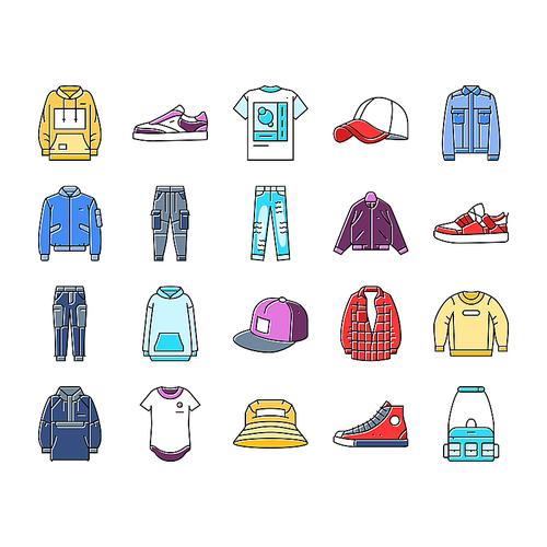 streetwear cloth fashion urban icons set vector. person style, retro shirt, print shape, vintage model, y2k street, angel chair, acid streetwear cloth fashion urban color line illustrations