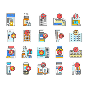 medicines pharmacy health medical icons set vector. prescription doctor, bottle pill, drug hospital, care treatment, drugstore medicines pharmacy health medical color line illustrations