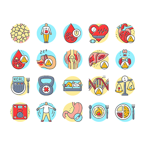 obesity overweight fat obese icons set vector. weight body, woman belly, diet lifestyle, health person, loss healthy, fit obesity overweight fat obese color line illustrations