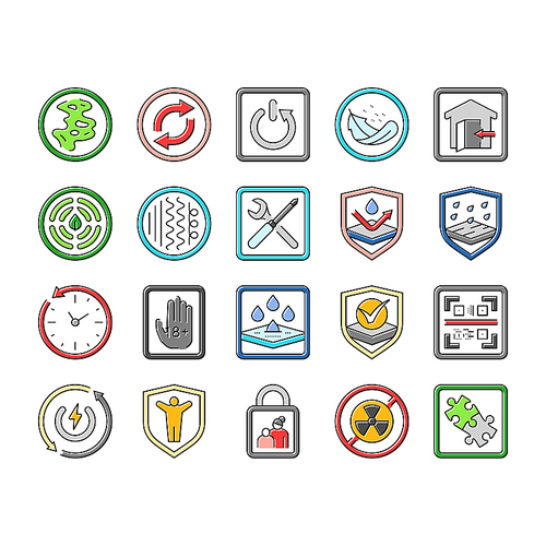 product caution label warning icons set vector. odor control, reversible, automatic shut down, lightweight, indoor use only product caution label warning color line illustrations