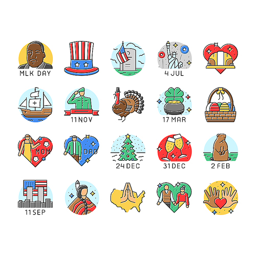 usa holiday american national day icons set vector. america happy, united, independence july, memorial, fourth, culture veteran, freedom usa holiday american national day color line illustrations