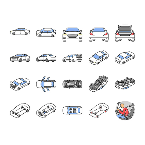 car vehicle auto transport icons set vector. bus truck, automotive, station, traffic energy, delivery drive car vehicle auto transport color line illustrations