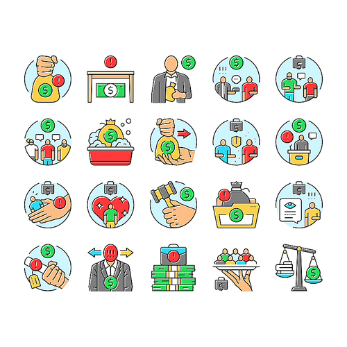 corruption money business cash icons set vector. bribery hand, deal payment, anti, pay crime, businessman bribe, give illegal finance corruption money business cash color line illustrations