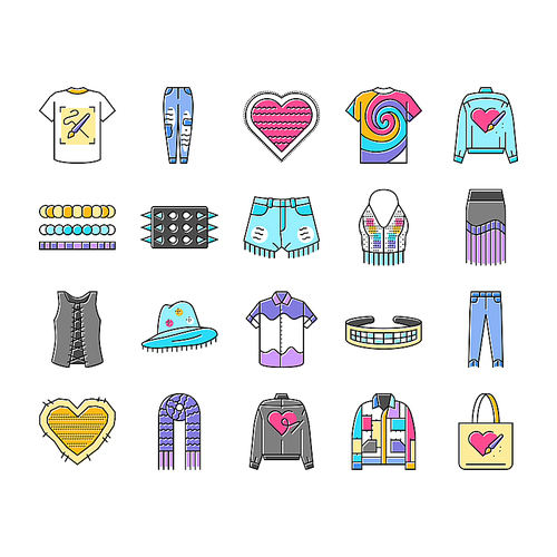 diy fashion fabric handmade icons set vector. clothes interior, accessories work, jeans homemade, luxury thread, trendy cloth diy fashion fabric handmade color line illustrations