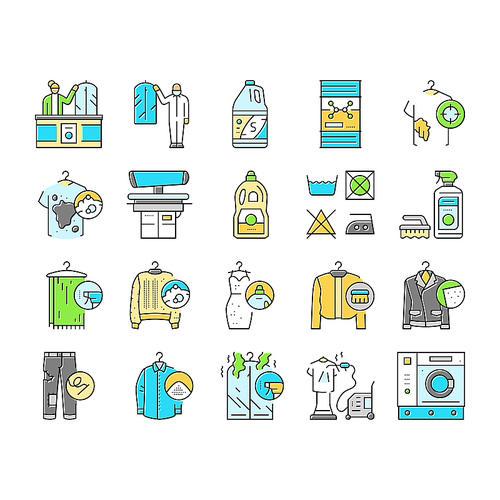 dry cleaning laundry wash service icons set vector. shirt care, business clothes, cleaning iron, textile laundromat, fabric, room washer dry cleaning laundry wash service color line illustrations