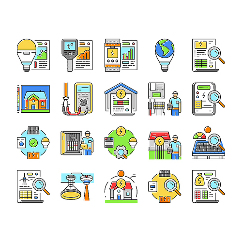 energy audit electricity building icons set vector. business office, efficient house, cost energetic, home green, money chart, water energy audit electricity building color line illustrations