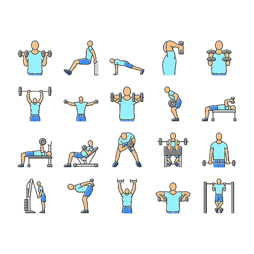 fitness exercise arm body workout icons set vector. sport training, woman healthy, person gym, yoga people, active young, lifestyle fit fitness exercise arm body workout color line illustrations