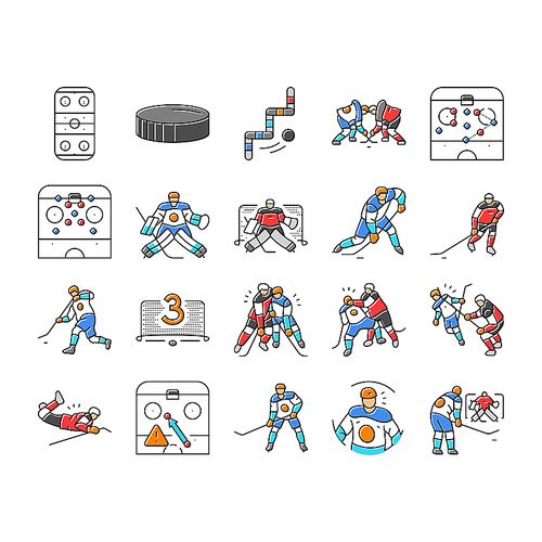 ice hockey puck stick sport icons set vector. rink arena, stadium player, skate goal, sign athlete, badge light, winter, game ice hockey puck stick sport color line illustrations