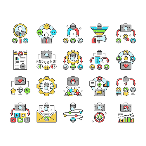 recruitment business work job icons set vector. people corporate, recruit interview, hr office, handshake company, manager meeting recruitment business work job color line illustrations