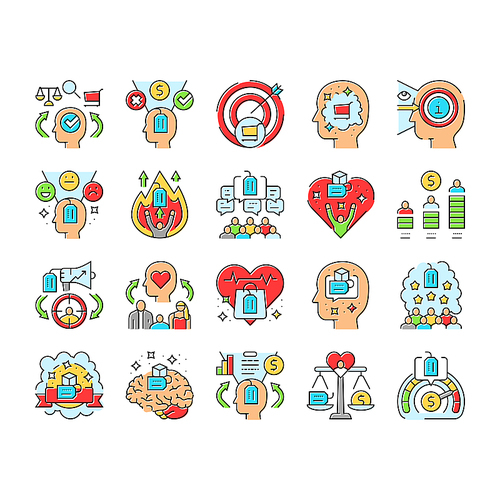 consumer behavior icons set vector. customer social, digital analysis research, buyer marketing, decision media analytic consumer behavior color line illustrations