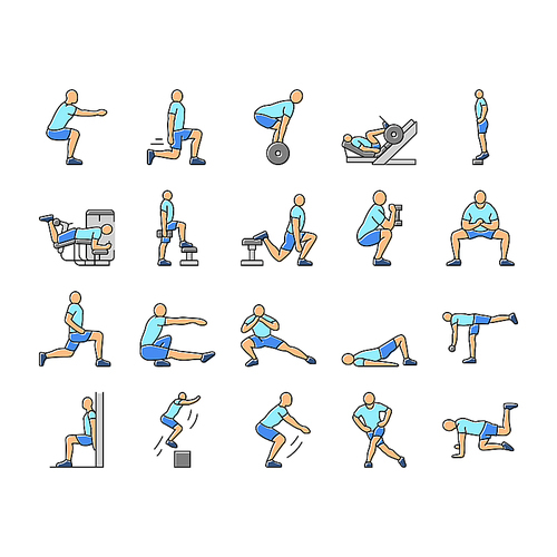 fitness exercises leg icons set vector. sport workout, body training, health, healthy young person, fit gym, athlete active fitness exercises leg color line illustrations