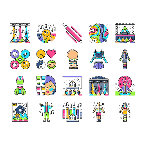 rave retro party music icons set vector. 90s grid,vintage wave, trippy neon emoji, psychedelic 80s, cool disco futuristic rave retro party music color line illustrations