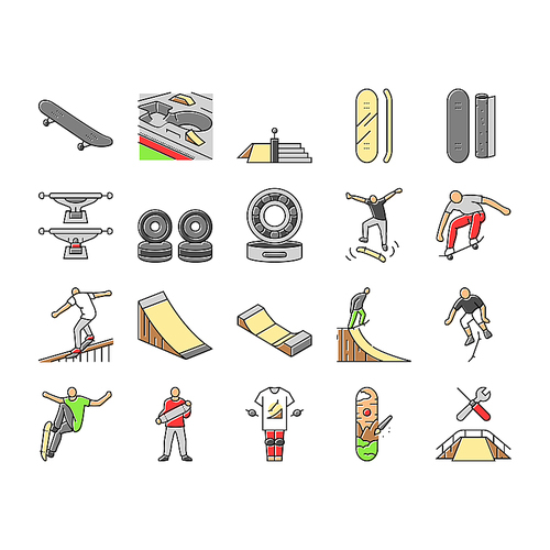 skateboard skate skater icons set vector. board jump, boy sport, street cool, man summer, park city, trick young air urban skateboard skate skater color line illustrations