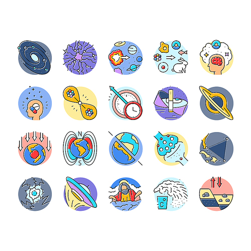 unsolved mysteries question icons set vector. dark matter, energy, origin of the universe life, consciousness, time travel, hole unsolved mysteries question color line illustrations