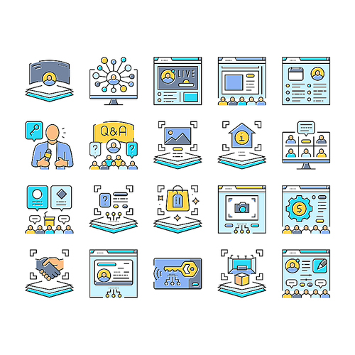 virtual conference event online icons set vector. quarantine video, digital business, screen people, presentation technology caller virtual conference event online color line illustrations