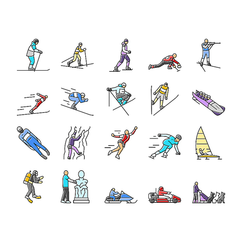 winter sport ski snow jump icons set vector. mountain snowboard, travel sky, white skier, slope extreme, speed active man athlete winter sport ski snow jump color line illustrations