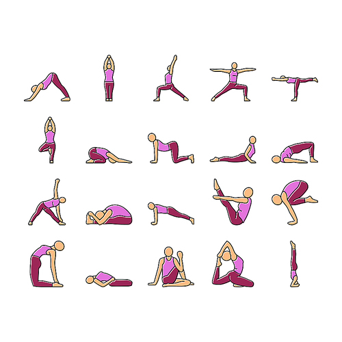 yoga exercises sport health icons set vector. workout healthy, fit woman, female balance, body people, home, pose gym, girl active yoga exercises sport health color line illustrations