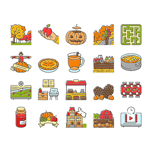 autumn spend time icons set vector. leaves harvest, pumpkin foliage, bonfires sweaters cider, hayrides cornmazes, acorns autumn spend time color line illustrations