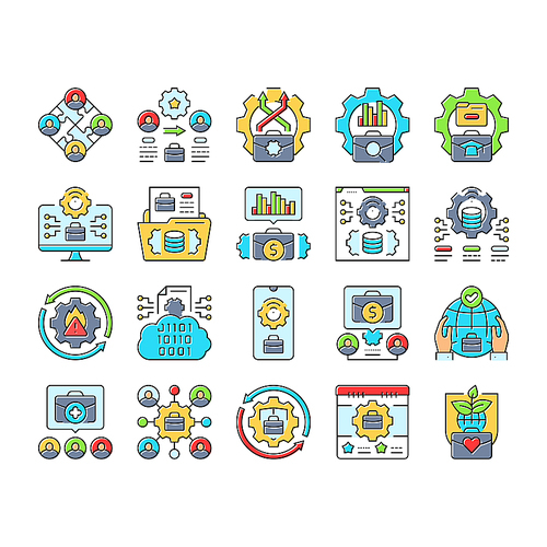 business process optimization icons set vector. automation efficiency, strategy innovation, management analysis, improvement business process optimization color line illustrations