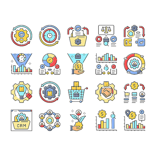 business process efficiency icons set vector. automation optimization, workflow strategy, innovation management integration business process efficiency color line illustrations