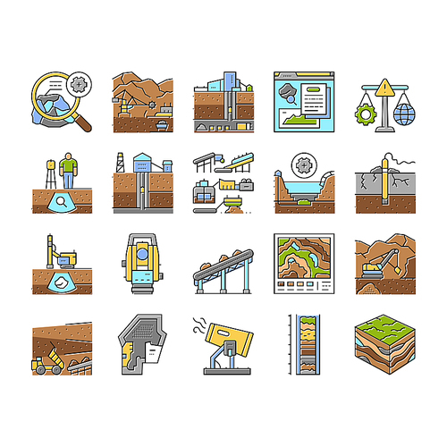 mining engineer geology icons set vector. minerals excavation, drilling blasting, surveying safety, equipment, operations mining engineer geology color line illustrations