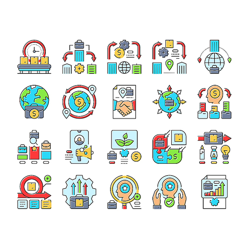 modern business strategy icons set vector. leadership, marketing branding, networking entrepreneurship, sustainability modern business strategy color line illustrations