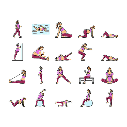 pregnant fitness icons set vector. exercise yoga, strength flexibility, wellness health, balance stamina, nutrition pregnant fitness color line illustrations