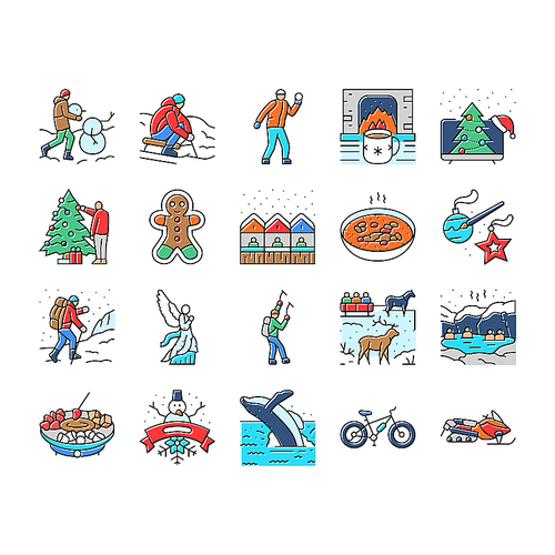 winter spend time icons set vector. snow skiing, snowboarding sledding, ice skating, fireplace cocoa, blankets winter spend time color line illustrations