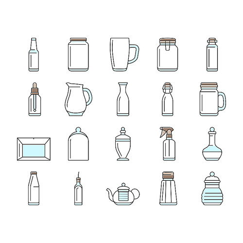 glass packaging bottle product icons set vector. food milk, pack box, jar cup, canister vial, jug, spray, lotion, salt glass packaging bottle product color line illustrations