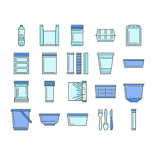 plastic packaging food container icons set vector. bag bottle, pack box, product, tableware jar, blister, tray, sachet, wrap, pod tub plastic packaging food container color line illustrations