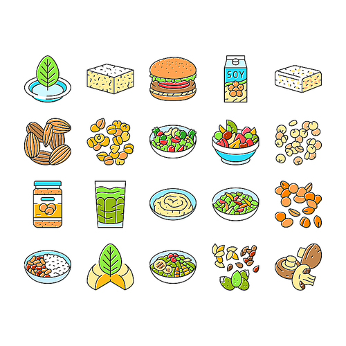 vegan food fresh organic icons set vector. vegetarian healthy, green fruit, diet nutrition, bio market, meal leaf vegetable vegan food fresh organic color line illustrations