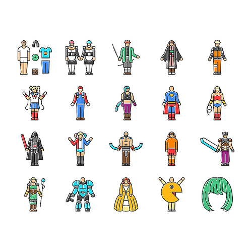 cosplay comic movie anime icons set vector. costume play, cosplayer person, video game diy festival cosplay comic movie anime color line illustrations