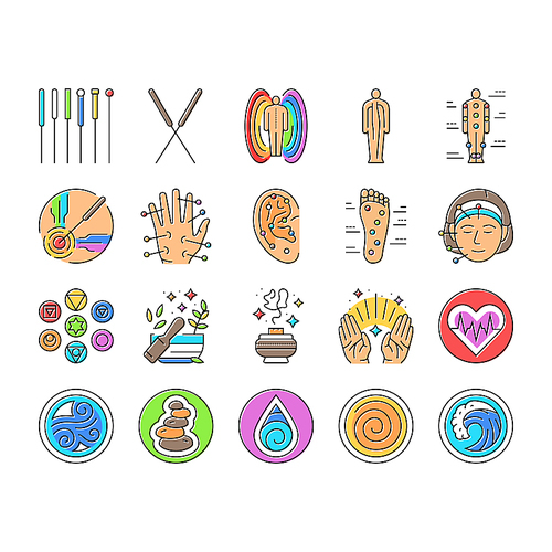 acupuncture massage therapy icons set vector. treatment medical, medicine spa, health chinese, alternative holistic, chiropractic acupuncture massage therapy color line illustrations