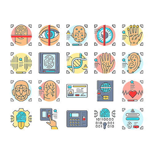 biometric fingerprint id finger icons set vector. identity scan, access verification digital recognition privacy, identification print biometric fingerprint id finger color line illustrations