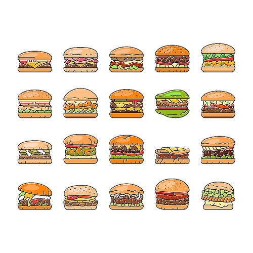 burger food hamburger bun icons set vector. sandwich fast, cheeseburger cheese, bread drink, black snack, meat beef, meal, retro burger food hamburger bun color line illustrations