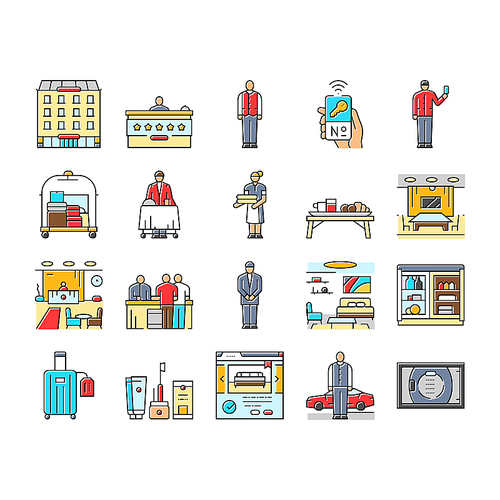 hospitality hotel service icons set vector. food, business reception, bed, event party, staff, breakfast, room restaurant, work hospitality hotel service color line illustrations