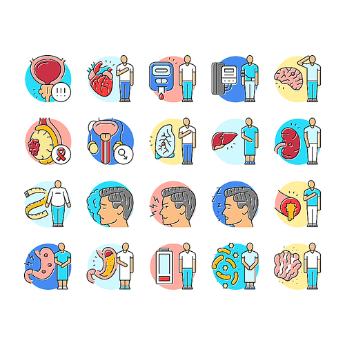 man disease health medical icons set vector. prostate, stroke, diabetes, blood pressure, obesity, depression man disease health medical color line illustrations