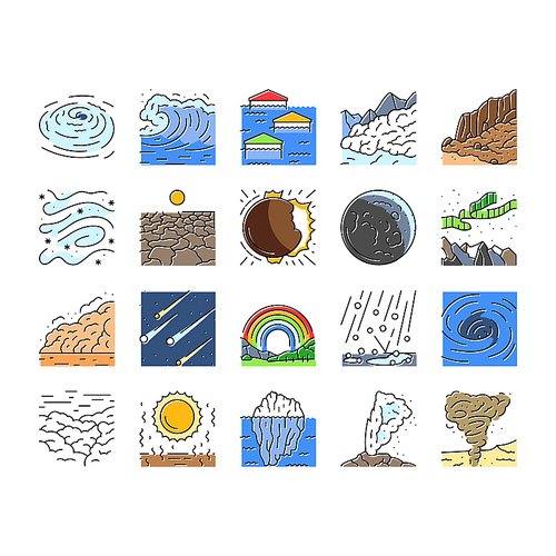 natural phenomena weather sun icons set vector. night day, earth sunshine, rain cloud, climate hot, rainbow cold nature, meteorology natural phenomena weather sun color line illustrations