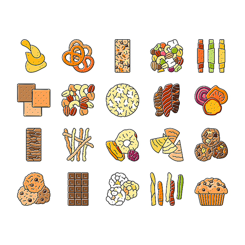 snack food drink sweet icons set vector. meal bread, lunch meat, chips, nut, cracker, rice cake, fruit slice, popcorn snack food drink sweet color line illustrations