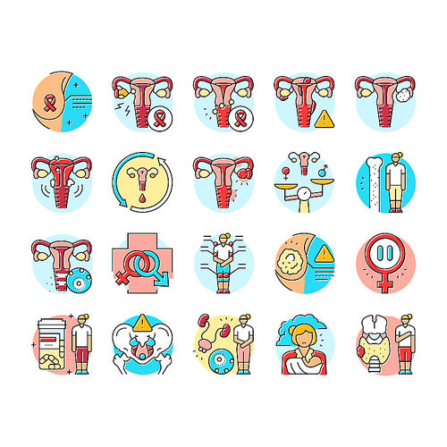 woman health medical care icons set vector. breast cancer, endometriosis, menstrual, osteoporosis, hormonal imbalance, menopause woman health medical care color line illustrations