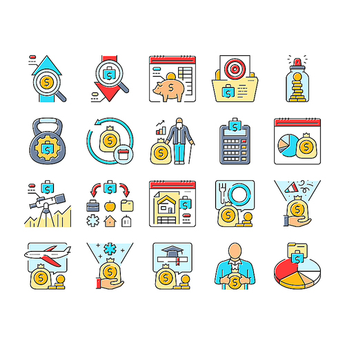 budget planning finance saving icons set vector. expenses income, allocation forecasting, analysis strategy, goal investment cashflow budget planning finance saving color line illustrations