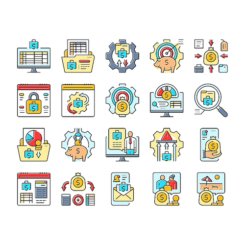 planning budget finance income icons set vector. investment cashflow, management optimization, prioritization tracking planning budget finance income color line illustrations