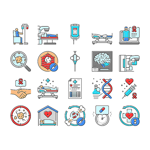 cancer treatment chemotherapy icons set vector. immunotherapy, radiotherapy surgery, oncology biopsy, remission metastasis, tumor cancer treatment chemotherapy color line illustrations