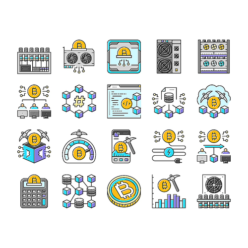 cryptocurrency mining blockchain icons set vector. hashrate gpu, rig pool, wallet decentralized, consensus, proof cryptocurrency mining blockchain color line illustrations