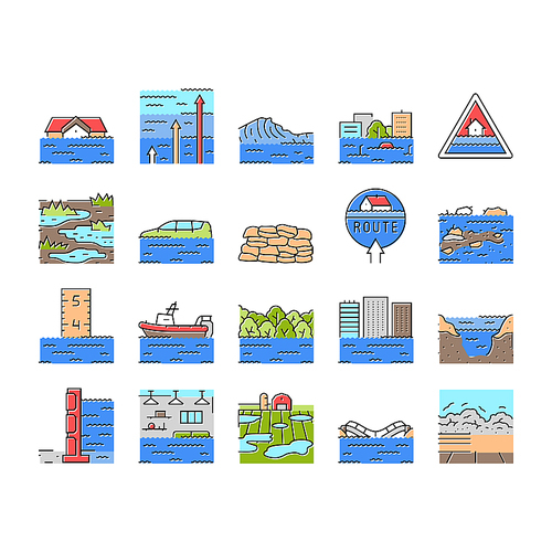 flood water disaster rain icons set vector. river storm, surge inundation, overflow deluge, emergency evacuation, rescue, damage flood water disaster rain color line illustrations